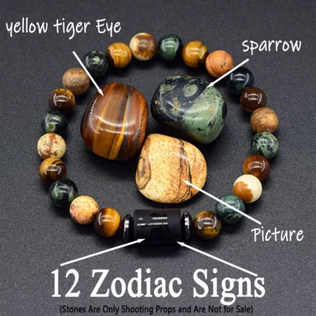 12 Zodiac Constellation Signs Bracelets for Men Women Real Natural Tiger Eye Sparrow Picture Stone Bead Bracelet Leo Taurus Gift
