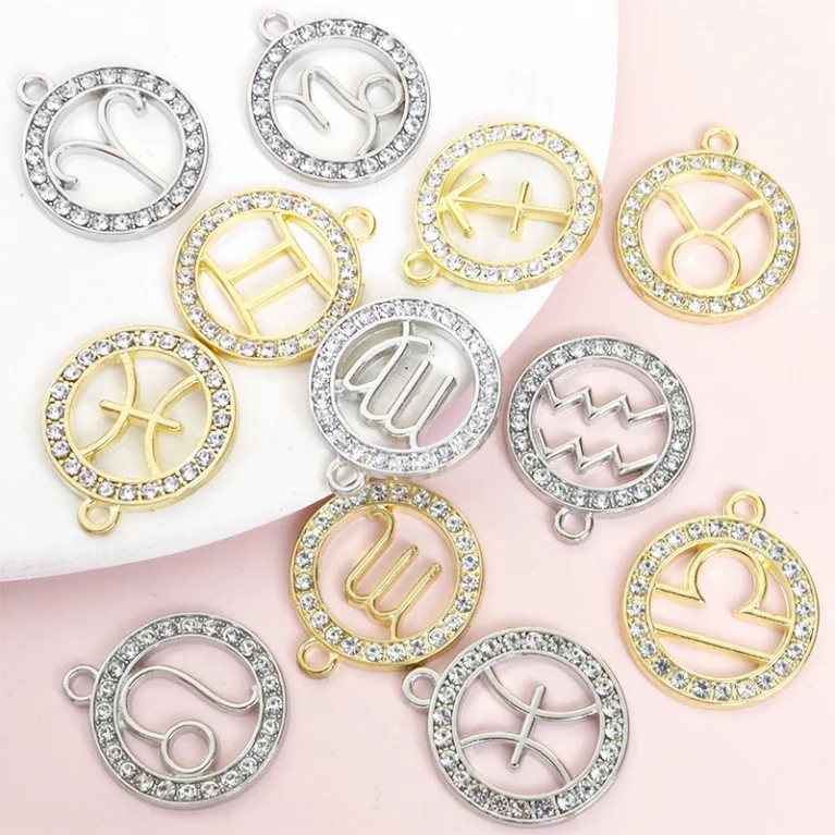 12pcs Shiny Rhinestones Inlay Twelve Constellations Design Hollow Round Charms for DIY Fashion Jewelry - Ideal for Birthday Gift