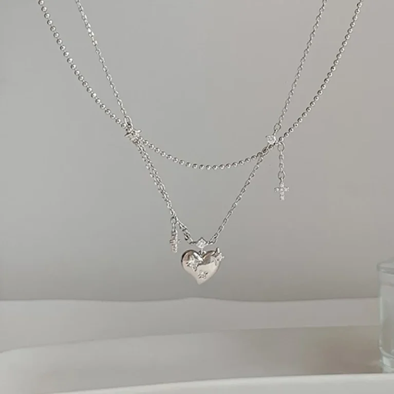 New 925 Sterling Silver Double Layer Love Necklace Simple Charm Geometric Pendant Choker Birthday Gift Women's Fine Jewelry
