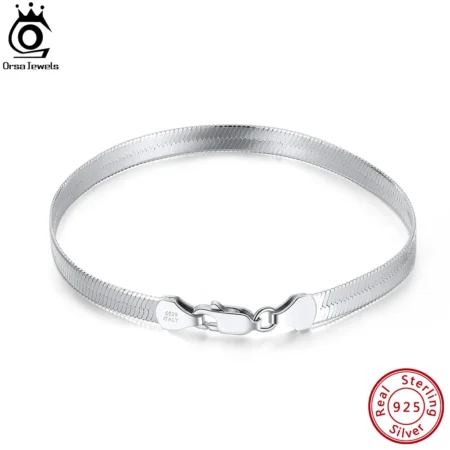 ORSA JEWELS Soild 925 Sterling Silver Italian 3mm 4.5 mm Width Snake Chain Bracelet Flat Herringbone Chain Bracelet Bangle SB107