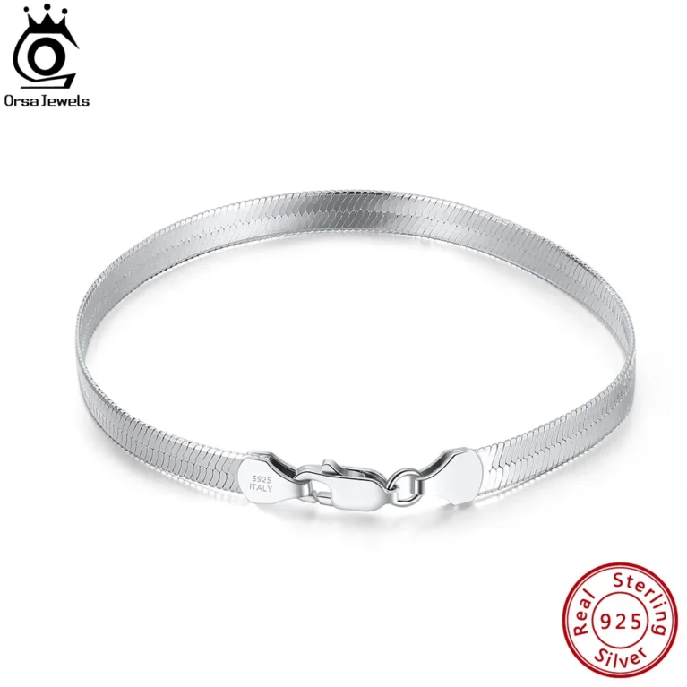 ORSA JEWELS Soild 925 Sterling Silver Italian 3mm 4.5 mm Width Snake Chain Bracelet Flat Herringbone Chain Bracelet Bangle SB107