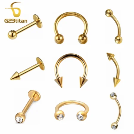 Gold Color Body Jewelry 6-12mm 16G Hypoallergenic Titanium Piercing Curved Barbell Horseshoe Labret Stud Rings for Ear Nose Lip