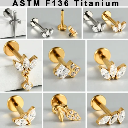 1PC G23 Titanium Solid Cz Leaf Helix Stud Internal Thread Earring Cartilage Tragus Lobe Labret Piercing Lip Jewelry