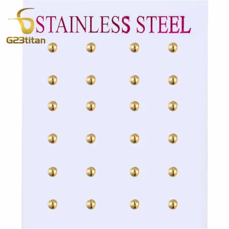 2-8mm Golden Ball Earrings Men Women Girls Minimalist Stainless Steel Jewelry Wholesale Small Big Stud Earrings Set 12 Pairs Lot