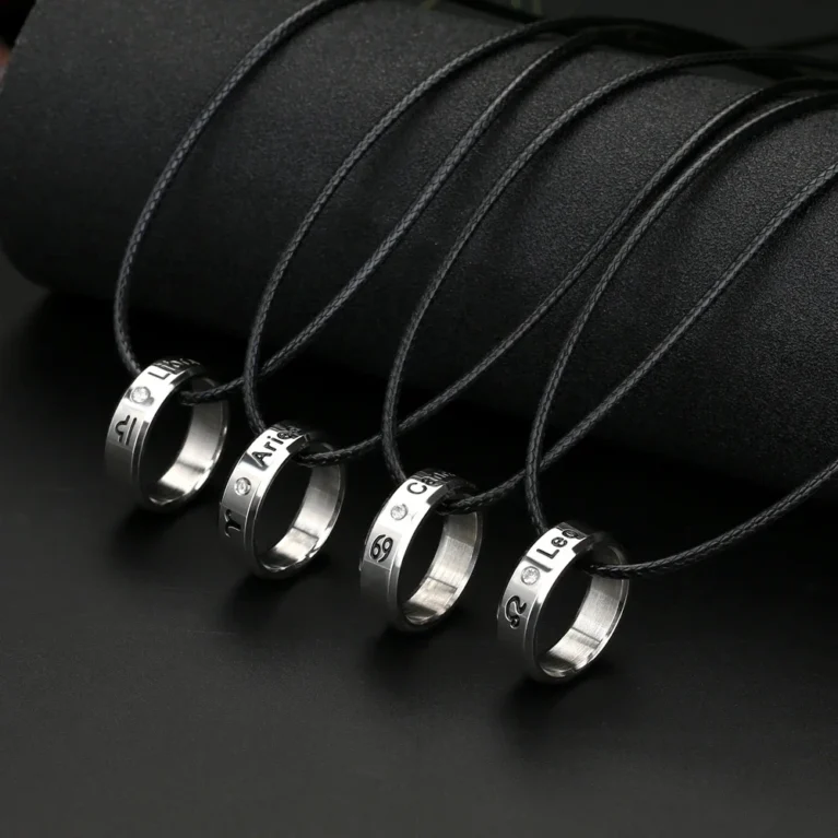 2024 Charm Jewelry Titanium Steel 12 Zodiac Pendant Necklace Vintage Stainless Steel 12 Constellations Leather Necklace Women