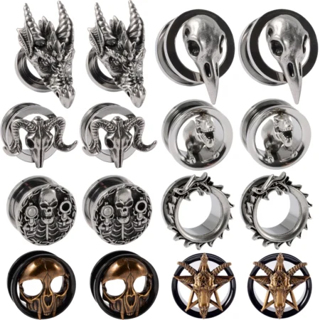 1PC Punk Stainless Steel Skeleton Ear Stretchers Tunnel External Thread Vintage Ear Gauge Plugs Expander Body Piercing Jewelry