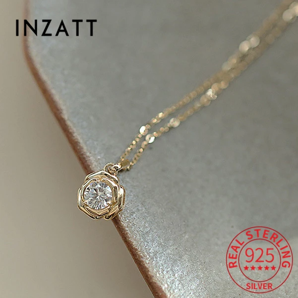 INZATT Real 925 Sterling Silver 14k Gold Zircon Flower Pendant Choker Necklace For Women Cute Plant Fine Jewelry Accessories