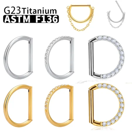 Piercing Nose Ring G23 Titanium D Shape Segment Ring Clicke Jewelry CZ Nose Earring Lip for women Half Ring Cartilage