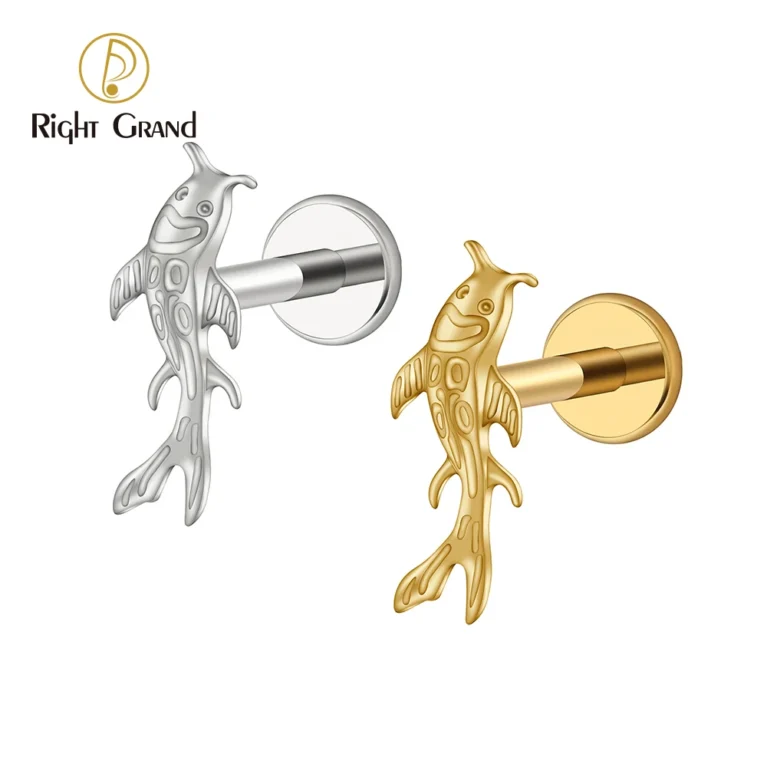 Right Grand ASTM F136 Titanium Koi Fish Cartilage Earring Tiny Tragus Stud Helix Conch Flatback Piercing 16G Animal Body Jewelry