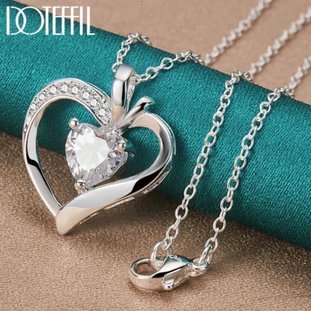 DOTEFFIL 925 Sterling Silver 16-30 Inch Chain AAA Zircon Heart Pendant Necklace For Woman Wedding Engagement Charm Jewelry