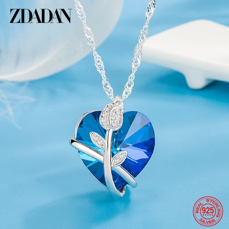 ZDADAN 925 Sterling Silver Rose Flowers Blue Heart Crystal Necklace For Women Fashion Jewelry