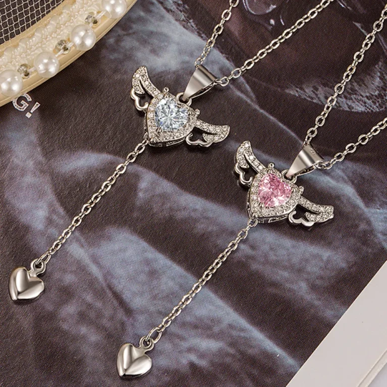 925 Sterling Silver Heart Angel Wings Pendant Choker Necklaces For Women Aesthetic Jewelry Accessories Money 925 Jewellery